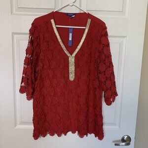Colette Collection 3XL Red Embellished Crochet 3/4 Sleeve V- Neck Top Blouse
